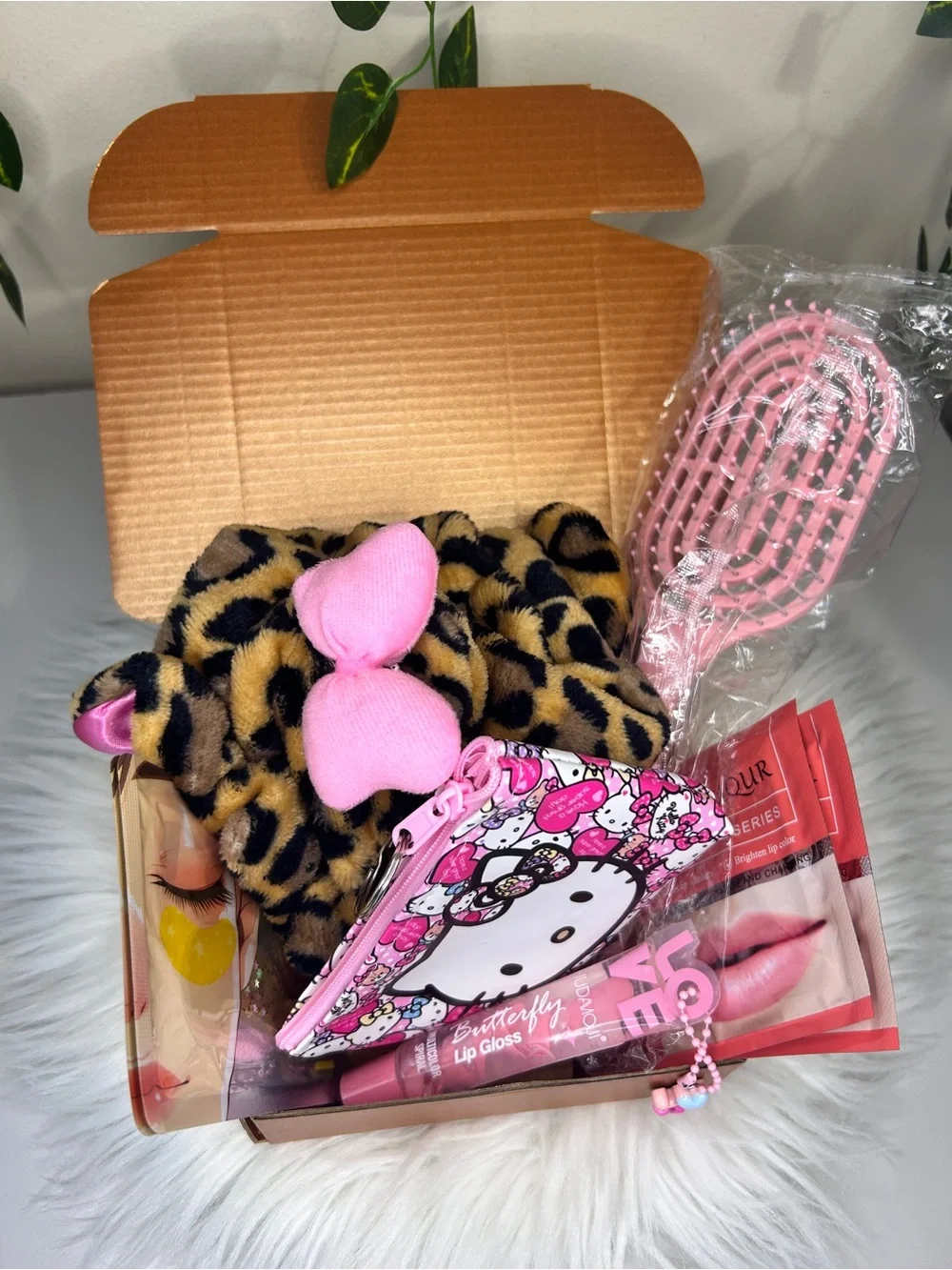Hello Kitty Pink Leopard Plush Headband Gift Set with Pink Brush & Lip Gloss